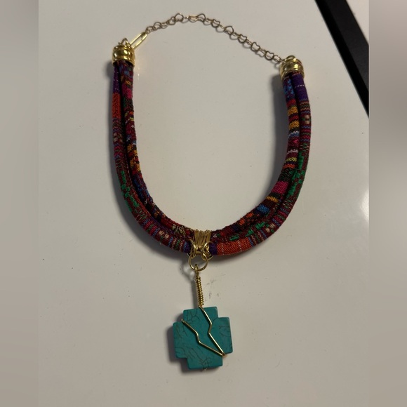 Boho Turquoise Cross Necklace | Colorful Fabric Cord Statement Necklace - Picture 3 of 9